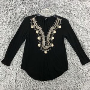 Lucky Brand Shirt Womens Small Vneck Egyptian Embroidered Embellished L/S Shirt